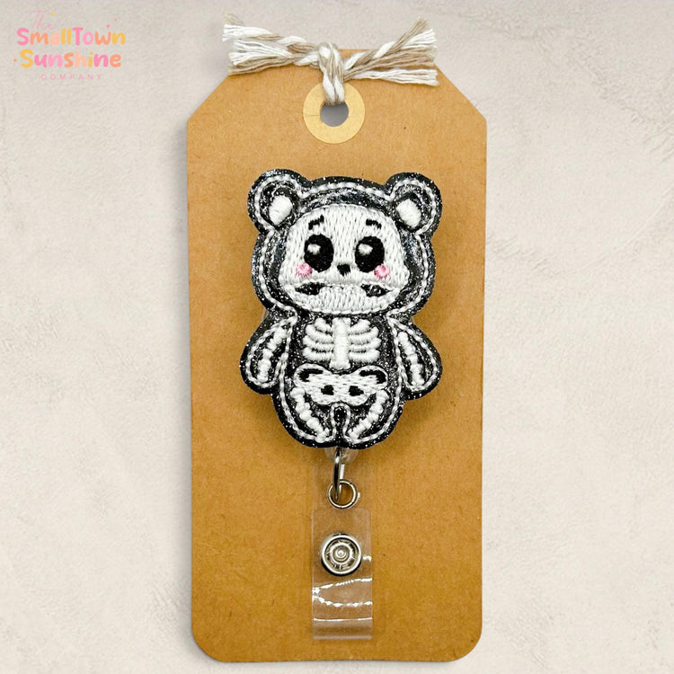 Skeleton Bear Retractable Badge Reel: Halloween ID Holder, Name Tag, Topper, Coworker Gift, Lanyard, MRI Safe, Heavy Duty Clip | GLITTER