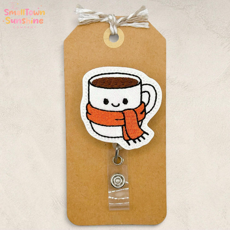 Fall Coffee Cup Retractable Badge Reel: Autumn ID Holder, Name Tag, Swappable Topper, Coworker Gift, Lanyard, MRI Safe, Heavy Duty | GLITTER
