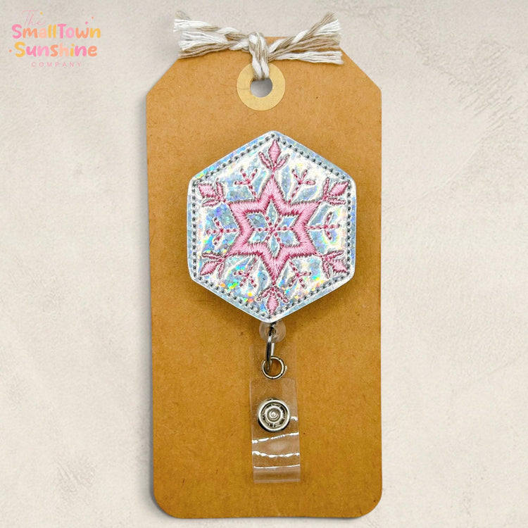 Pink & Silver Snowflake Badge Reel, Winter Badge Reel, Nurse Badge Clip, Teacher Lanyard, Coworker Gift, Badge Buddy, Retractable ID Holder