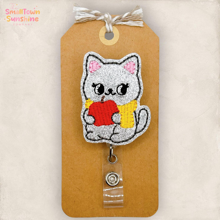 Gray Cat with Apple Retractable Badge Reel: Animal ID Holder, Name Tag, Topper, Coworker Gift, Lanyard, MRI Safe, Heavy Duty | GLITTER