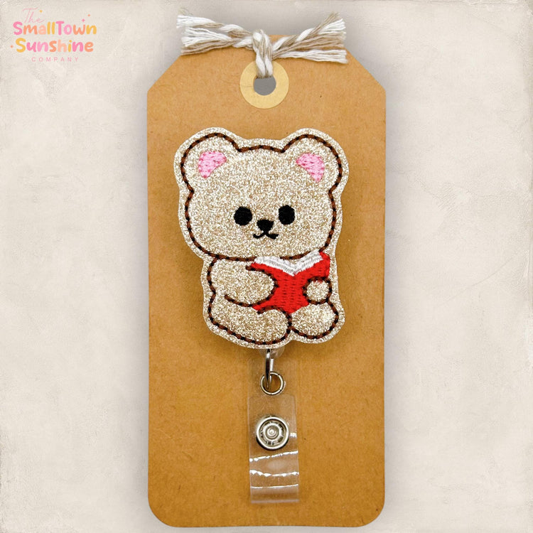 Teddy Bear with Book Retractable Badge Reel: Animal ID Holder, Name Tag, Topper, Coworker Gift, Lanyard, MRI Safe, Heavy Duty | GLITTER