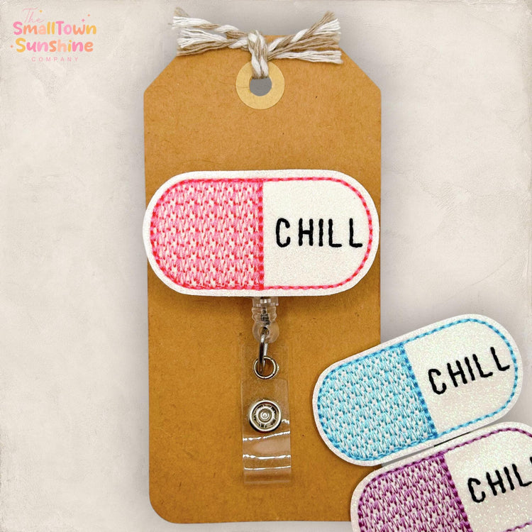 Chill Pill Retractable Badge Reel: Pharmacy Tech ID Holder, Name Tag, Topper, Coworker Gift, Lanyard, MRI Safe, Heavy Duty Clip | GLITTER