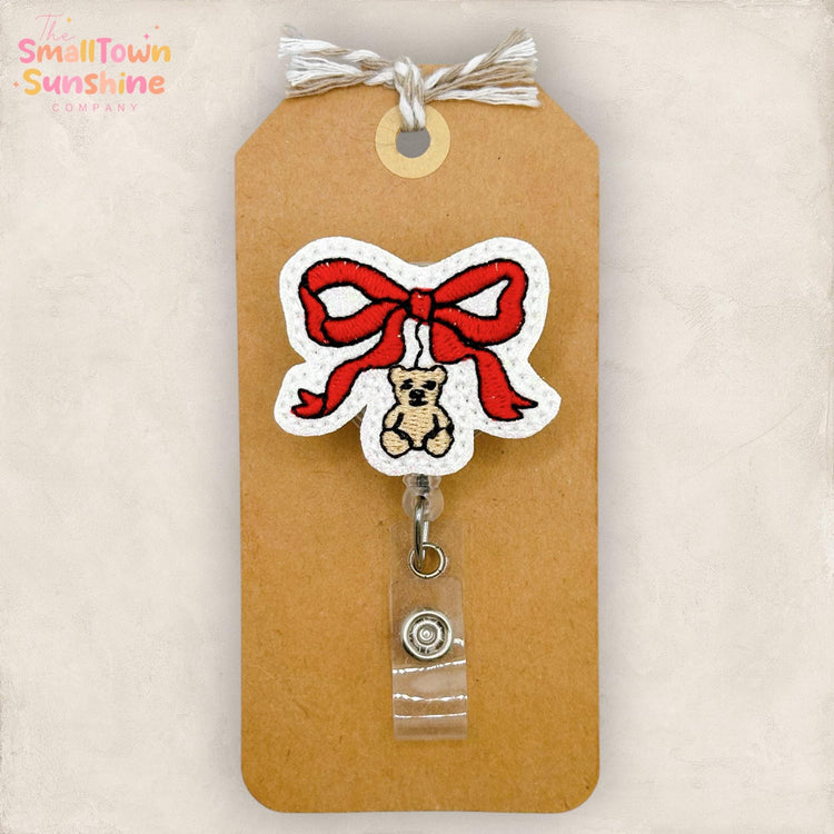 Red Teddy Bear Bow Retractable Badge Reel: ID Holder, Name Tag, Swappable Topper, Coworker Gift, Lanyard, MRI Safe, Heavy Duty | GLITTER