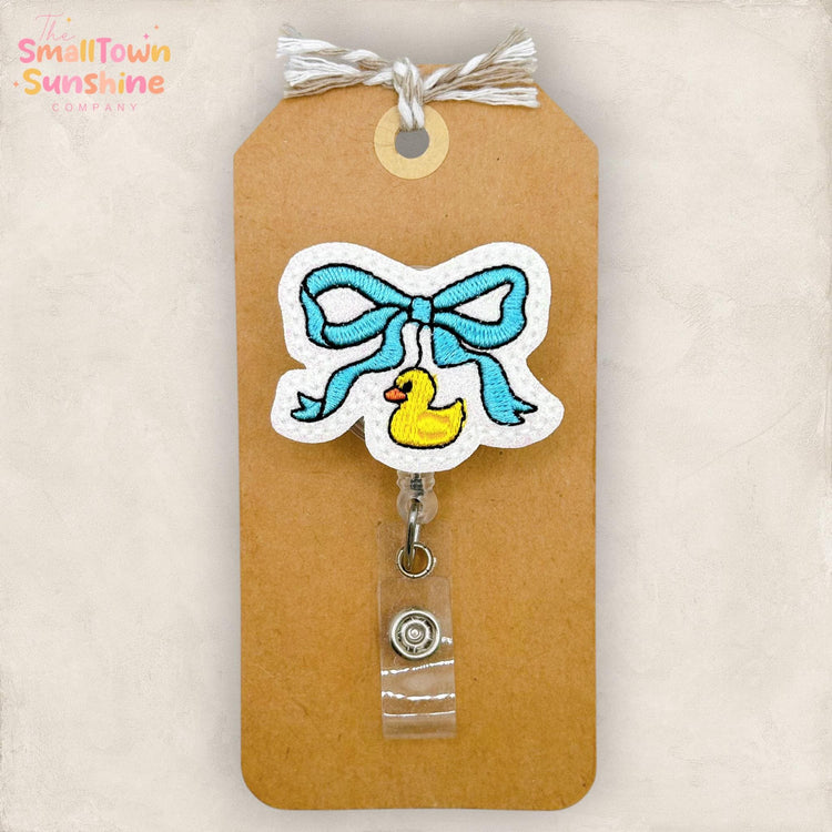 Blue Rubber Duck Bow Retractable Badge Reel: ID Holder, Name Tag, Swappable Topper, Coworker Gift, Lanyard, MRI Safe, Heavy Duty | GLITTER