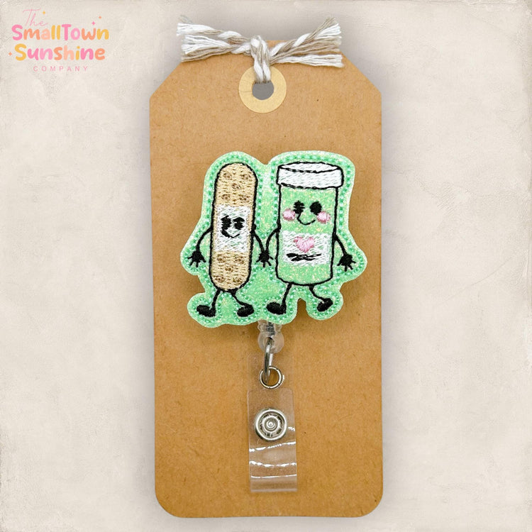 Bandage & Pill Bottle Doodle Retractable Badge Reel: ID Holder, Name Tag, Topper, Coworker Gift, Lanyard, MRI Safe, Heavy Duty | GLITTER