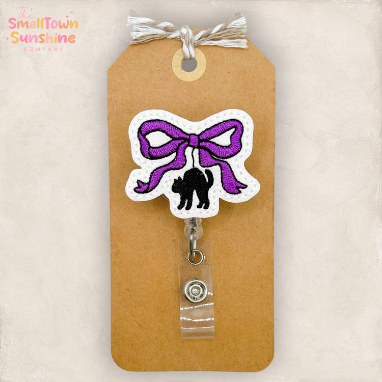 Purple Black Cat Bow Retractable Badge Reel: ID Holder, Name Tag, Swappable Topper, Coworker Gift, Lanyard, MRI Safe, Heavy Duty | GLITTER