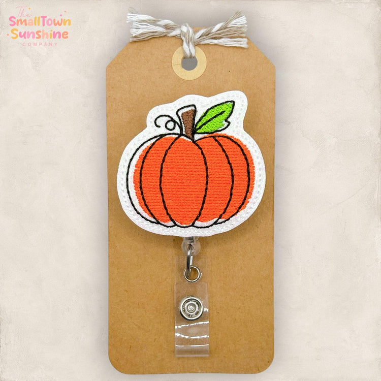 Pumpkin Sketch Retractable Badge Reel: Fall ID Holder, Name Tag, Swappable Topper, Coworker Gift, Lanyard, MRI Safe, Heavy Duty | GLITTER