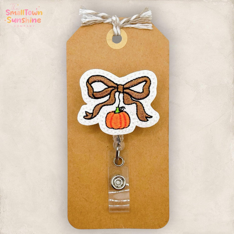 Pumpkin Bow Retractable Badge Reel: Autumn ID Holder, Name Tag, Swappable Topper, Coworker Gift, Lanyard, MRI Safe, Heavy Duty | GLITTER