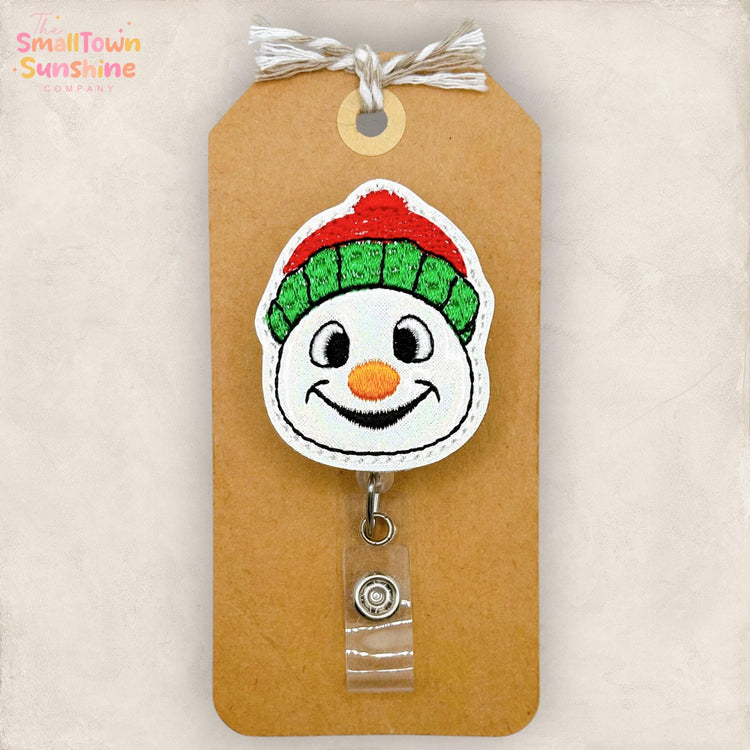 Winter Hat Snowman Retractable Badge Reel: Snowy ID Holder, Name Tag, Swappable Topper, Coworker Gift, Lanyard, MRI Safe, Heavy Duty Clip