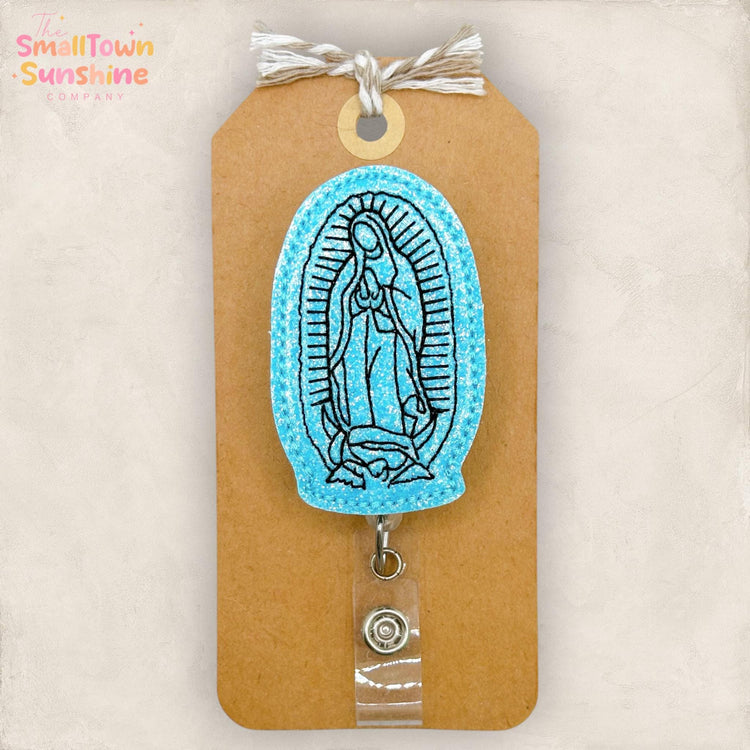 Virgin Mary Retractable Badge Reel; Catholic ID Holder, Name Tag, Topper, Coworker Gift, Lanyard, MRI Safe, Heavy-Duty Clip | GLITTER