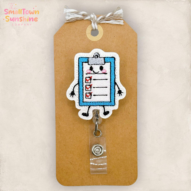 Clipboard Doodle Retractable Badge Reel: To Do List ID Holder, Name Tag, Topper, Coworker Gift, Lanyard, MRI Safe, Heavy Duty | GLITTER