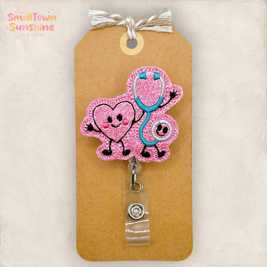 Stethoscope & Heart Doodle Retractable Badge Reel: ID Holder, Name Tag, Topper, Coworker Gift, Lanyard, MRI Safe, Heavy Duty | GLITTER