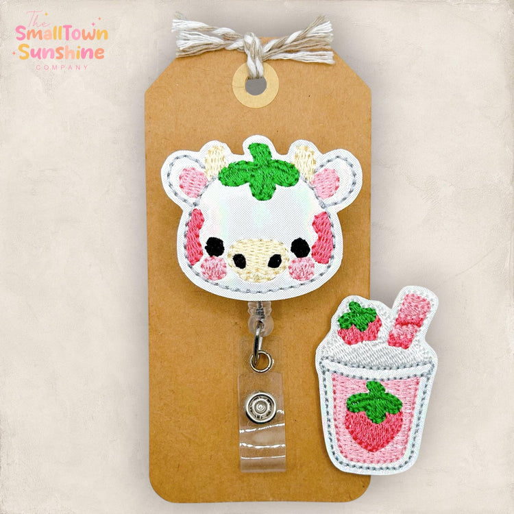Strawberry Cow Retractable Badge Reel: Milkshake ID Holder, Name Tag, Swappable Topper, Coworker Gift, Lanyard, MRI Safe, Heavy Duty Clip