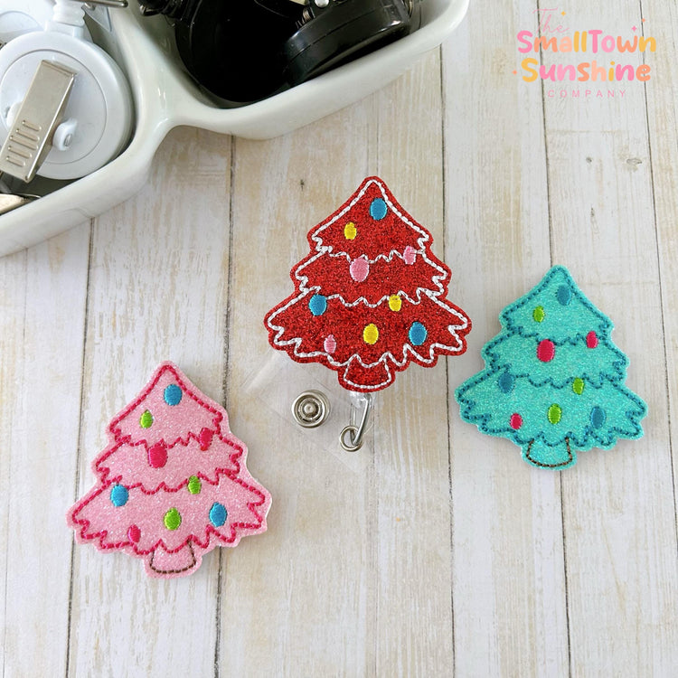 Vintage Christmas Tree Lamp Retractable Badge Reel: Nostalgic ID Holder, Name Tag, Coworker Gift, Lanyard, MRI Safe, Heavy Duty | GLITTER