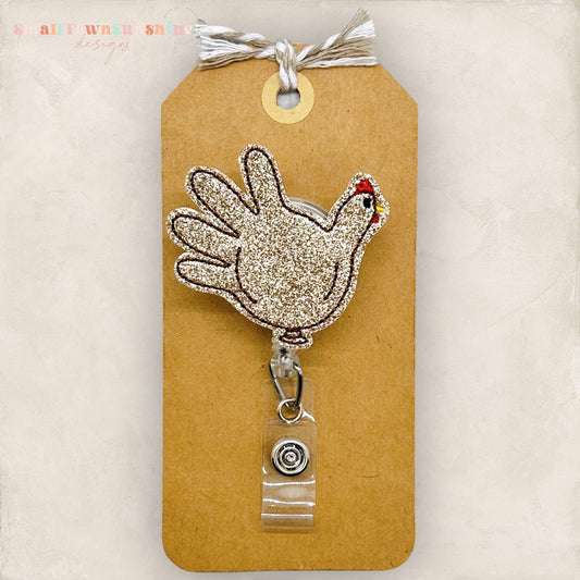 Turkey Balloon Glove Badge Reel, Thanksgiving Name Tag, Nurse Badge Clip, Teacher Lanyard, Coworker Gift, Retractable ID Holder | GLITTER