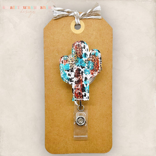 Cow Print Teal Cactus Badge Topper