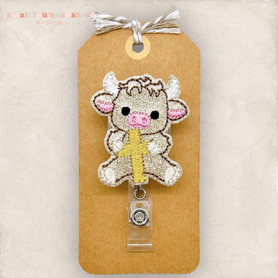 Highland Cow Holding Cross Badge Topper