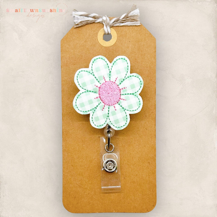 plaid mint daisy badge reel