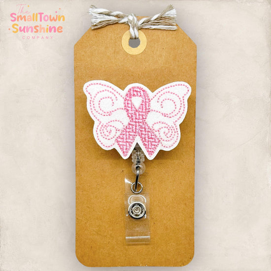 pink breast cancer awareness butterfly embroidered badge reel topper