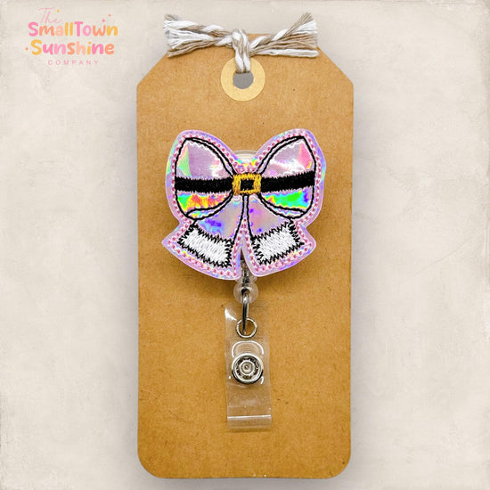holographic pink christmas bow embroidered badge reel topper
