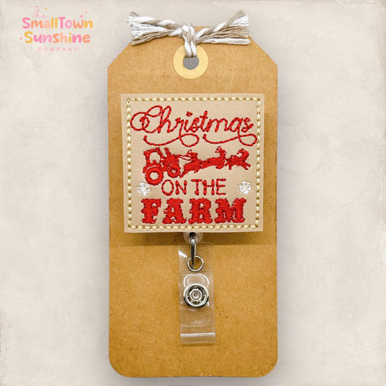 vintage christmas on the farm embroidered badge reel topper