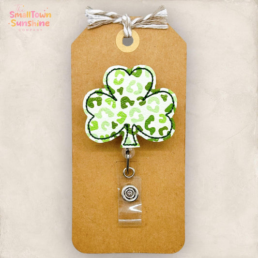 green leopard printed clover badge reel topper