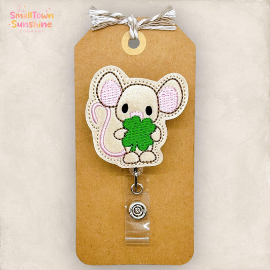 Mouse with Clover Badge Reel, St Patrick’s Day Badge Reel, Nurse Badge Clip, Teacher Lanyard, Coworker Gift, Retractable ID Badge Holder