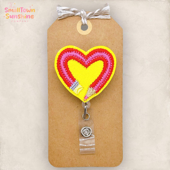 Heart Pencil Badge Reel, Teacher Badge Clip, TA Lanyard, Student Teacher Name Tag, Teacher Appreciation, Retractable ID Holder | GLITTER