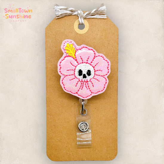 Skull Hibiscus Badge Reel, SummerWeen Name Tag, Halloween Flower, Nurse Badge Clip, Teacher Lanyard, Coworker Gift, Retractable ID Holder