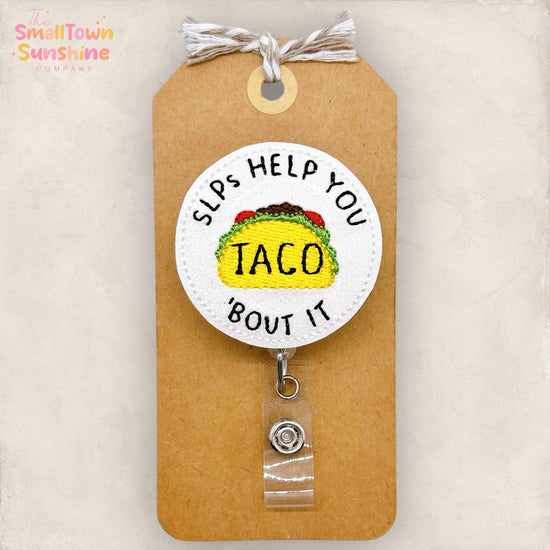 SLP’s Help You Taco About It, Speech Therapist Badge Reel, Funny Speech Pathology Lanyard, Coworker Gift, Retractable ID Holder | GLITTER