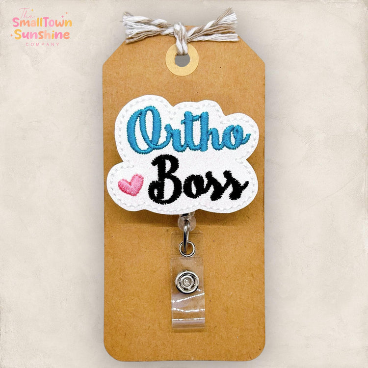 Ortho Boss Badge Reel, Orthopedic Nurse Badge Clip, Hospital Lanyard, Coworker Gift, Interchangeable, Retractable ID Holder | GLITTER