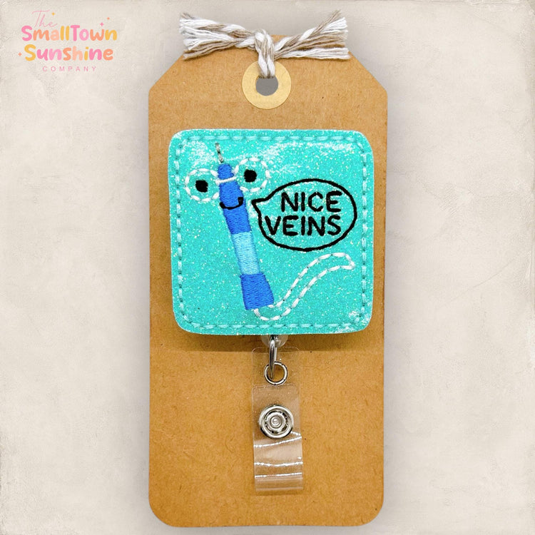 Nice Veins Badge Reel, Nurse Badge Clip, Phlebotomist Name Tag, IV Therapy, Hospital Lanyard, Coworker Gift, Retractable ID Holder | GLITTER