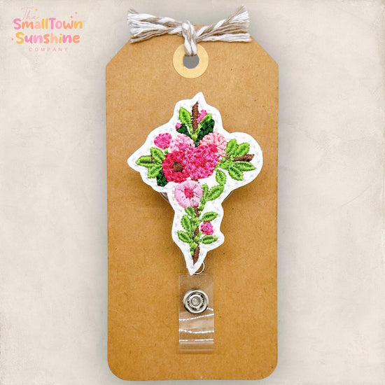 Floral Cross Badge Reel, Christian Badge, Hospital Chaplain Name Tag, Nurse Badge Clip, Teacher Lanyard, Retractable ID Holder | GLITTER