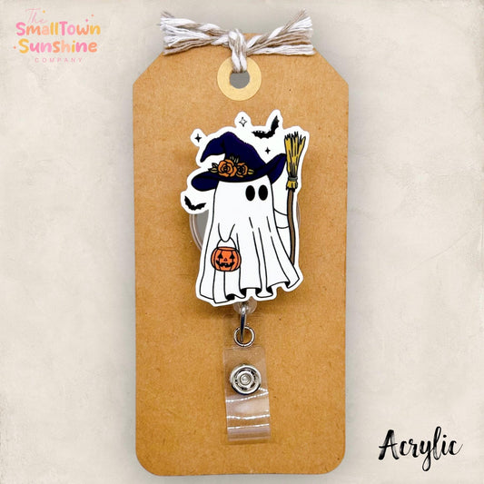 Witch Ghost Badge Reel, Halloween Badge, Spooky Season, Nurse Badge Clip, Teacher Lanyard, Coworker Gift, Retractable ID Holder | ACRYLIC