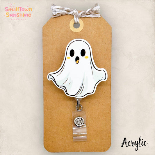 Cute Shocked Ghost Badge Reel, Halloween Badge Reel, Fall Nurse Badge Clip, Teacher Lanyard, Coworker Gift, Retractable ID Holder | ACRYLIC