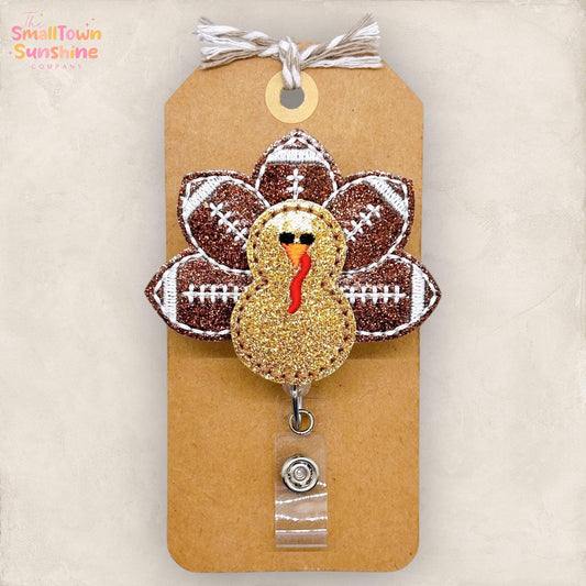 Football Turkey Badge Reel, Thanksgiving Badge, Nurse Badge Clip, Teacher Lanyard, Coworker Gift, Name Tag, Retractable ID Holder | GLITTER