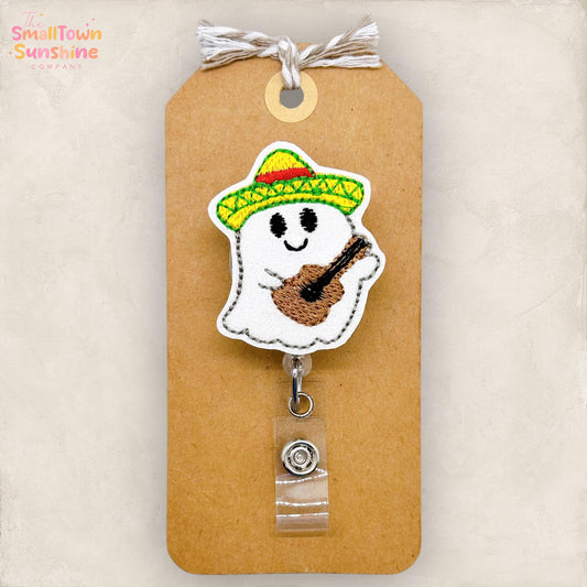 Guitar Ghost Badge Reel, Dia de los Muertos Badge Reel, Nurse Badge Clip, Teacher Lanyard, Coworker Gift, Retractable ID Holder | GLITTER