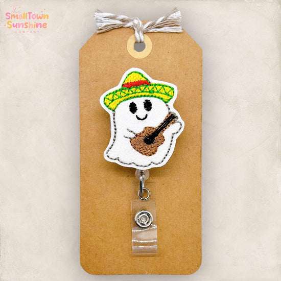 Guitar Ghost Badge Reel, Dia de los Muertos Badge Reel, Nurse Badge Clip, Teacher Lanyard, Coworker Gift, Retractable ID Holder | GLITTER