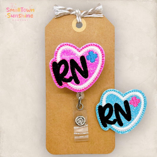 RN Heart Badge Reel, Registered Nurse Badge Clip, Hospital Lanyard, Coworker Gift, Name Tag, Badge Buddy, Retractable ID Holder | GLITTER