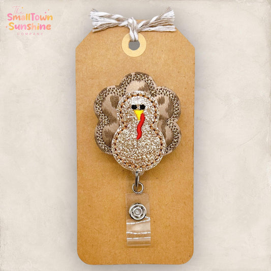 Brown Leopard Turkey Badge Reel, Thanksgiving Badge Reel, Nurse Badge Clip, Teacher Lanyard, Coworker Gift, Retractable ID Holder | GLITTER