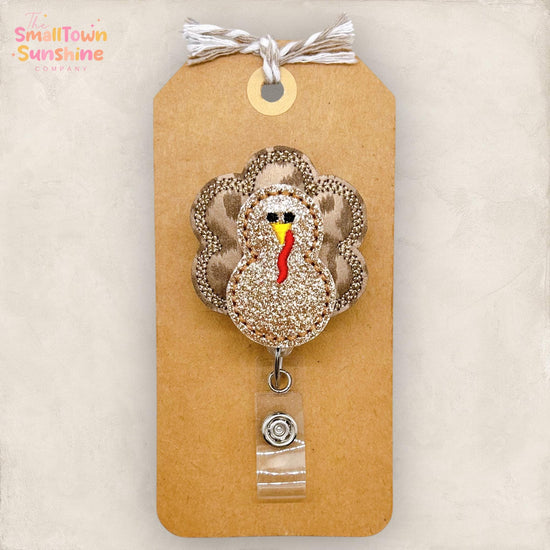 Brown Leopard Turkey Badge Reel, Thanksgiving Badge Reel, Nurse Badge Clip, Teacher Lanyard, Coworker Gift, Retractable ID Holder | GLITTER