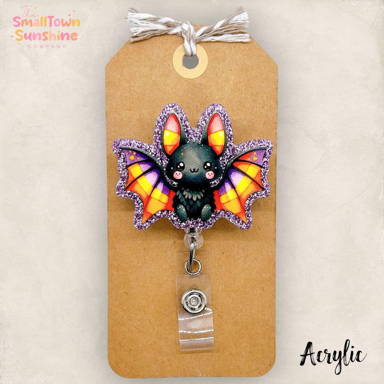 Cute Glitter Bat Badge Reel, Halloween Name Tag, Nurse Badge Clip, Teacher Lanyard, Coworker Gift, Retractable ID Holder | ACRYLIC GLITTER