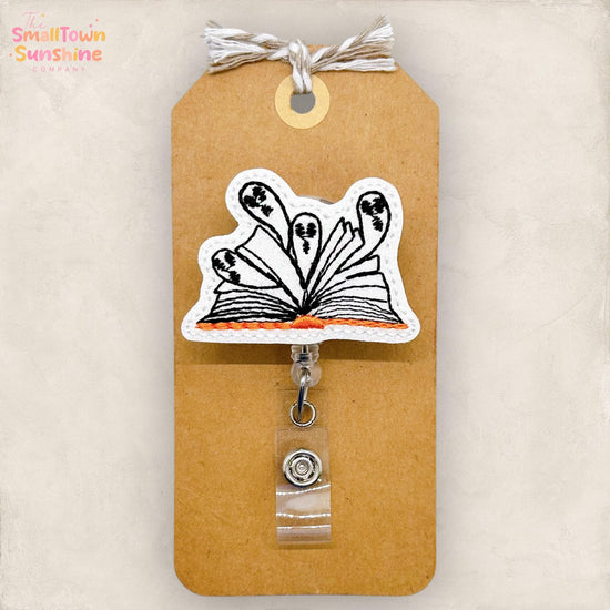 Spooky Book Badge Reel, Halloween Ghost Badge, Nurse Badge Clip, Teacher Lanyard, Coworker Gift, Name Tag, Retractable ID Holder | GLITTER