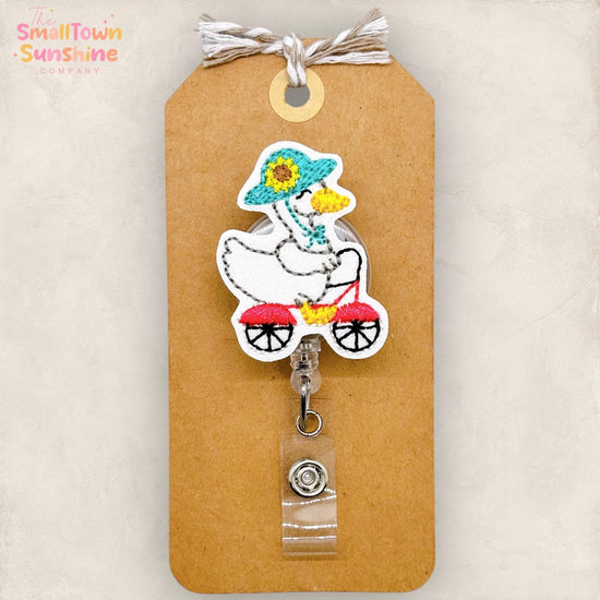 Bicycle Goose Badge Reel, Cute Bird Name Tag, Nurse Badge Clip, Teacher Lanyard, Coworker Gift, Badge Top, Retractable ID Holder | GLITTER