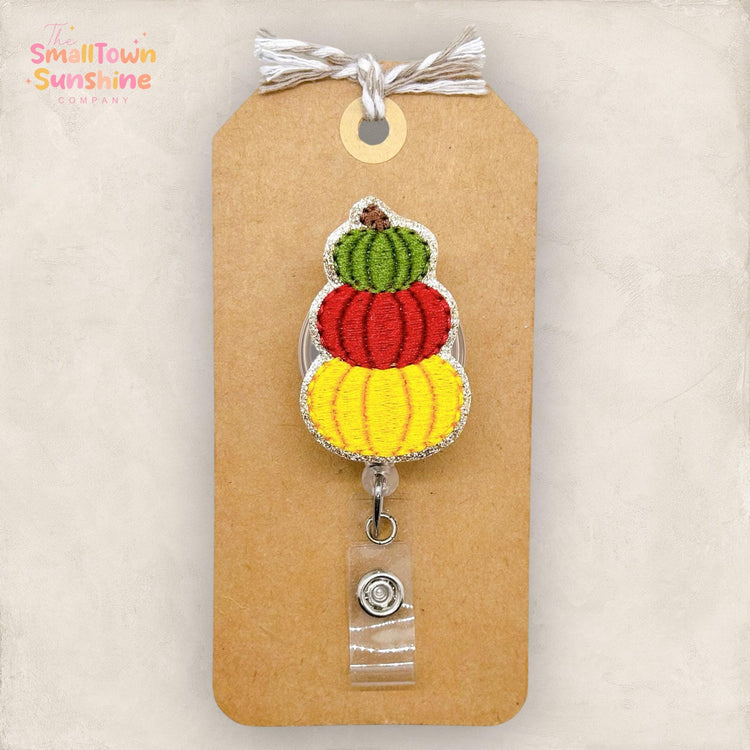 Pumpkin Stack Badge Reel, Fall Badge Reel, Nurse Badge Clip, Teacher Lanyard, Coworker Gift, Badge Buddy, Retractable ID Holder | GLITTER