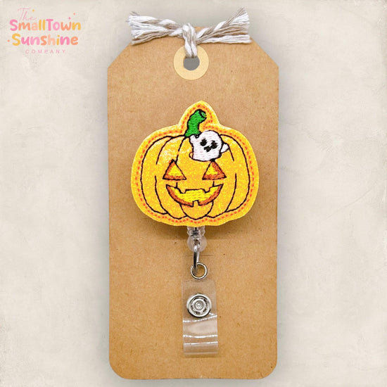 Ghost in Pumpkin Badge Reel, Halloween Name Tag, RN, Nurse Badge Clip, Teacher Lanyard, Coworker Gift, Retractable ID Holder | GLITTER