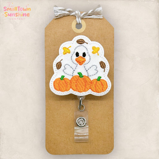 Happy Fall Goose Badge Reel, Autumn Badge, Nurse Badge Clip, Teacher Lanyard, Coworker Gift, Name Tag, Retractable ID Holder | GLITTER