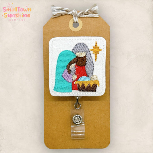 Holy Family Badge Reel, Christmas Nativity Badge Reel, Nurse Badge Clip, Teacher Lanyard, Coworker Gift, Retractable ID Holder | GLITTER