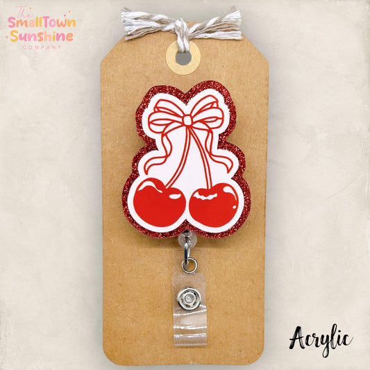 Cherries Badge Reel, Coquette Badge Clip, Nurse Name Tag, Teacher Lanyard, Coworker Gift, Name Tag, Retractable ID Holder | ACRYLIC GLITTER