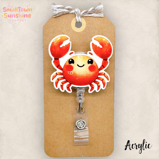 Cute Crab Retractable Badge Reel: Summer ID Holder, Name Tag, Topper, Coworker Gift, Lanyard, MRI Safe, Heavy Duty Options | ACRYLIC